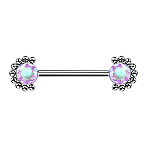 Barbell filetage intérieur argenté face avant demi-fleur boule cristal multicolore