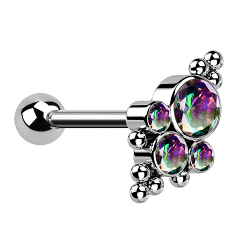 Micro Barbell Innengewinde silber mit Kugel und Kugeln vier Kristalle dunkel multicolor