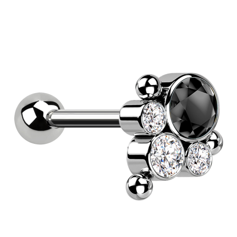Micro Barbell Threadless silver with ball and three balls, four crystals, silver and black