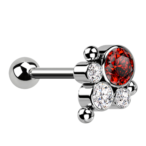 Micro Barbell Threadless argento con sfera e tre sfere quattro cristalli argento e rosso