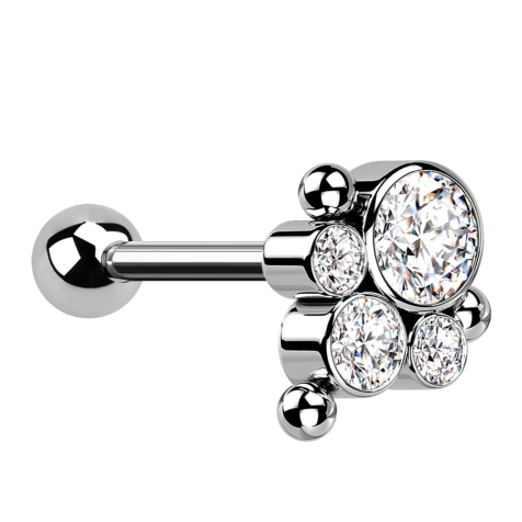 Micro Barbell Threadless argento con sfera e tre sfere quattro cristalli argento
