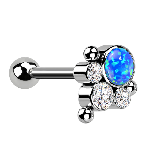 Micro Barbell Threadless argent avec boule et trois boules trois cristaux argent opal bleu