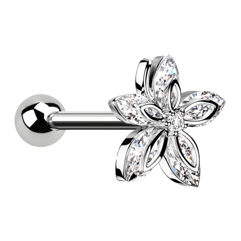Micro Barbell argent avec boule et fleur cinq pétales de cristal