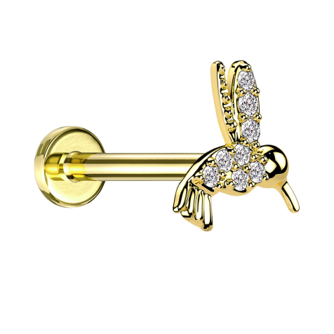 Micro labret filo interno placcato oro cristalli colibrì argento