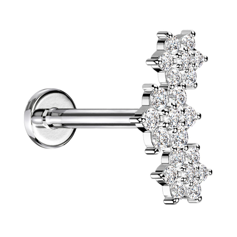 Micro labret filo interno argento tre fiori cristalli argento