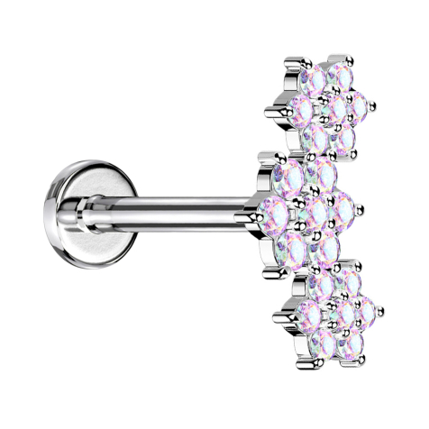 Micro labret inner thread silver three flowers crystals multicolor