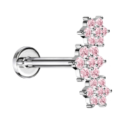 Micro labret filo interno argento tre fiori cristalli rosa