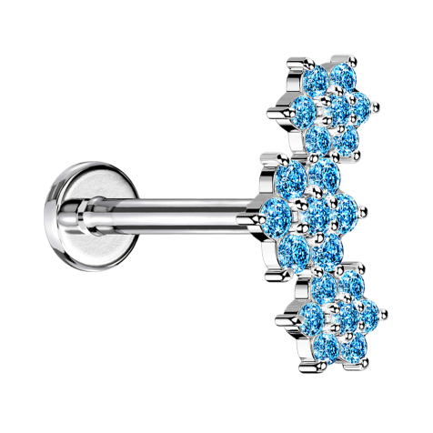 Micro labret filo interno argento tre fiori cristalli acqua