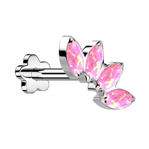 Micro Labret sans fil Fleur argent Éventail avec quatre opales roses