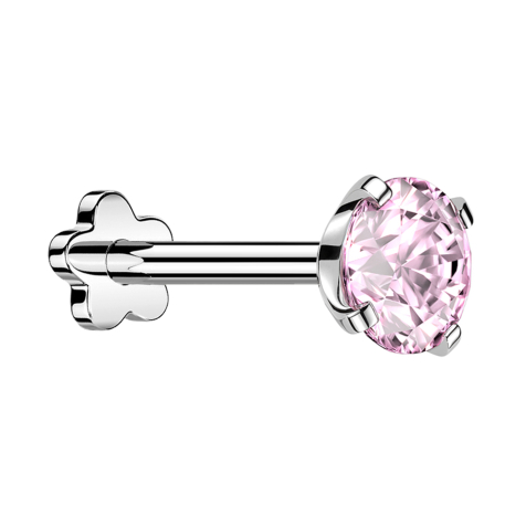 Micro labret sans filetage fleur argent avec cristal rose serti