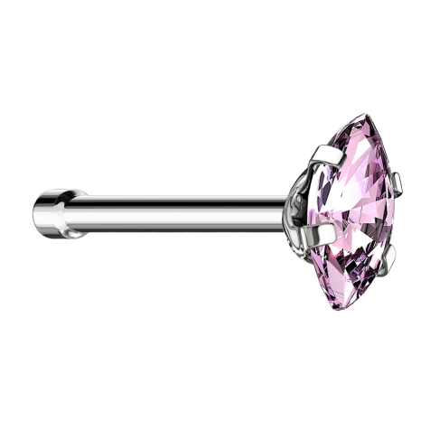 Nose stud straight silver oval crystal pink set