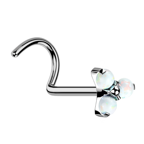 Threadless nose stud, curved, silver, triangle, three white opals