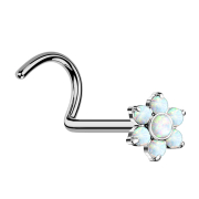 Threadless nose stud curved silver flower opals white