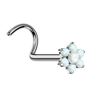 Threadless nose stud curved silver flower opals white