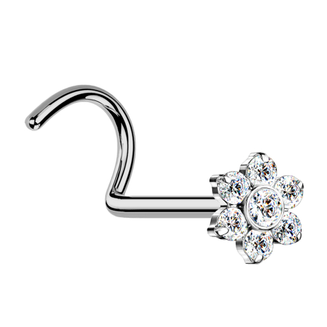 Orecchino a bottone senza filetto, curvo, argento, fiore, cristalli, argento
