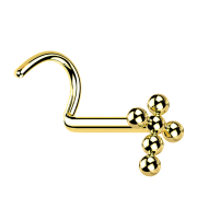 Curved gold-plated nose stud with cross and balls