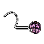 Nose stud curved silver round crystal set in violet