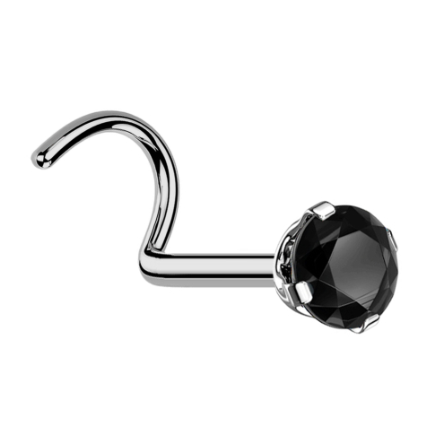 Nose stud, curved, silver, round crystal, black setting