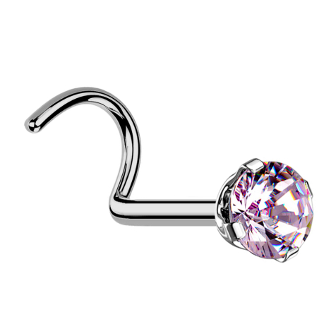 Nose stud, curved, silver, round crystal, pink setting