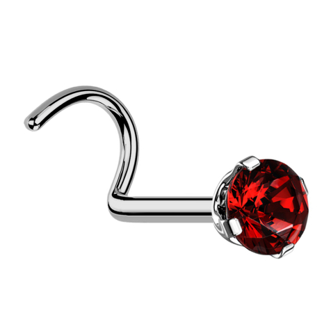 Nose stud, curved, silver, round crystal, red setting