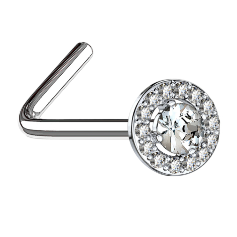 Nose stud angled silver crystal circle with large silver crystal