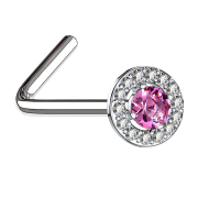 Nose stud angled silver crystal circle with large pink...