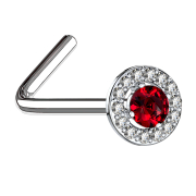 Nose stud angled silver crystal circle with large red...