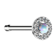Nose stud straight silver crystal circle with large white...