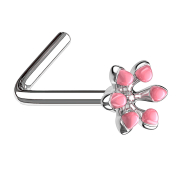 Nose stud angled silver enamel flower pink
