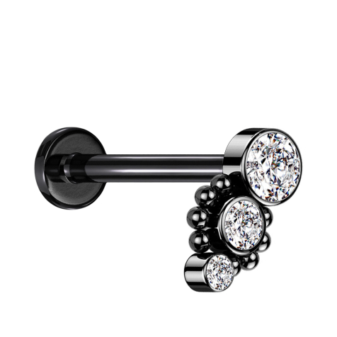 Micro labret internal thread black eight balls three crystals silver