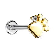 Micro threadless labret silver paw gold-plated crystal...