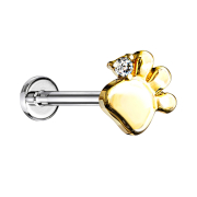 Micro threadless labret silver paw gold-plated crystal...