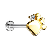 Micro threadless labret silver paw gold-plated crystal...