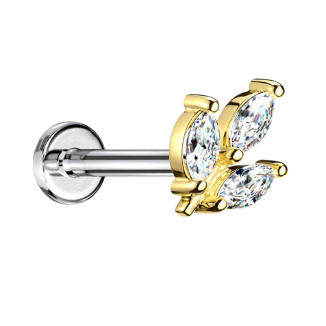 Micro threadless labret silver leaf gold-plated three oval crystals silver