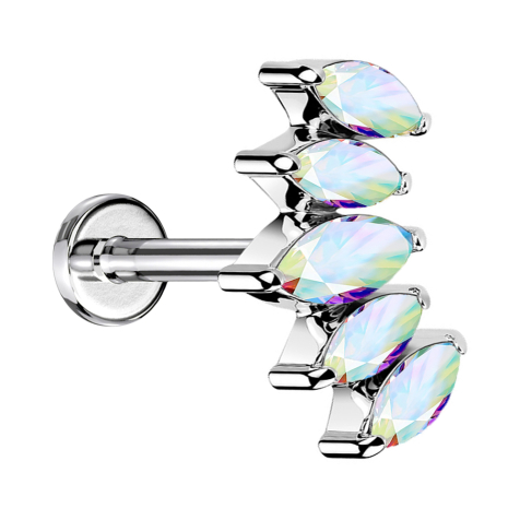 Micro labret internal thread silver fan with five multicolor crystals