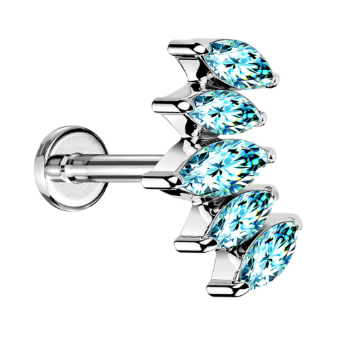 Micro Labret Innengewinde silber Fächer mit fünf Kristalle aqua