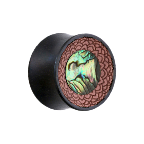 Flared plug engraved with abalone made from tamarind wood