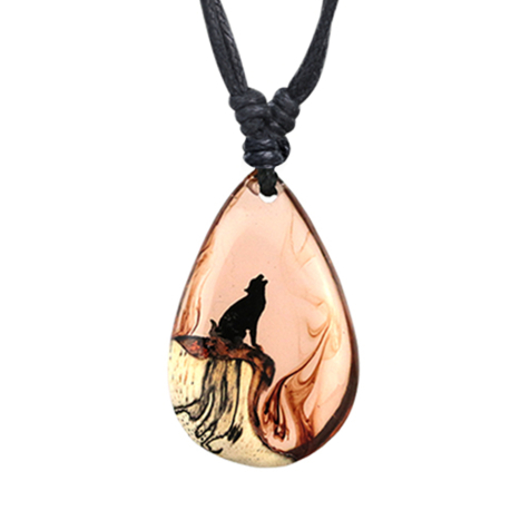 Necklace black pendant drop wolf on mountain epoxy orange made of tamarind wood