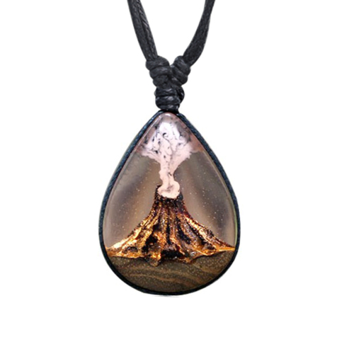Necklace black pendant drop volcano epoxy orange made of teak wood