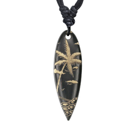 Halskette schwarz Anhänger Surf Gravur Strand aus Krokodilholz