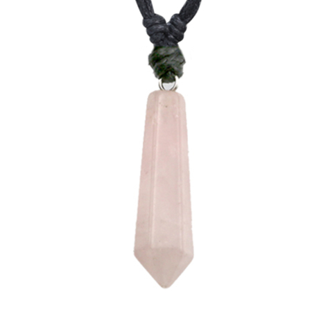 Collier noir pendentif goutte de cristal en pierre de quartz rose