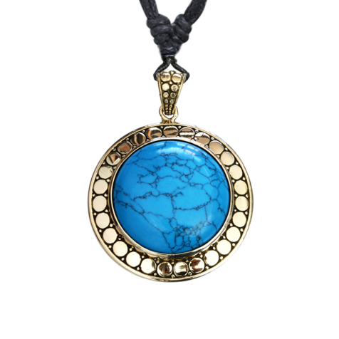 Necklace black pendant disk gold-plated with turquoise stone