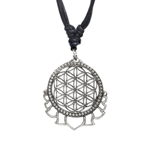 Necklace black pendant silver flower of life