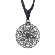 Necklace black pendant silver flower mandala