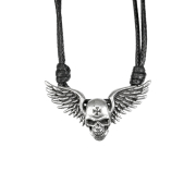 Collier noir pendentif argent crâne avec ailes