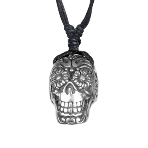 Necklace black pendant silver skull with flowers