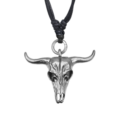 Necklace black pendant silver bull skull