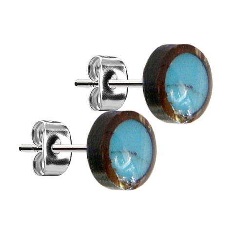 Boucles doreilles argent plaque de noix de coco bois avec pierre turquoise
