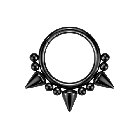 Anello a micro segmenti incernierato nero tre coni e otto sfere