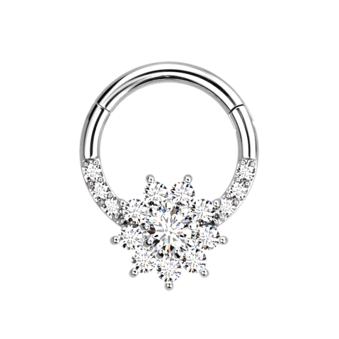 Micro anneau segment pliable argent front cristaux argent et fleur